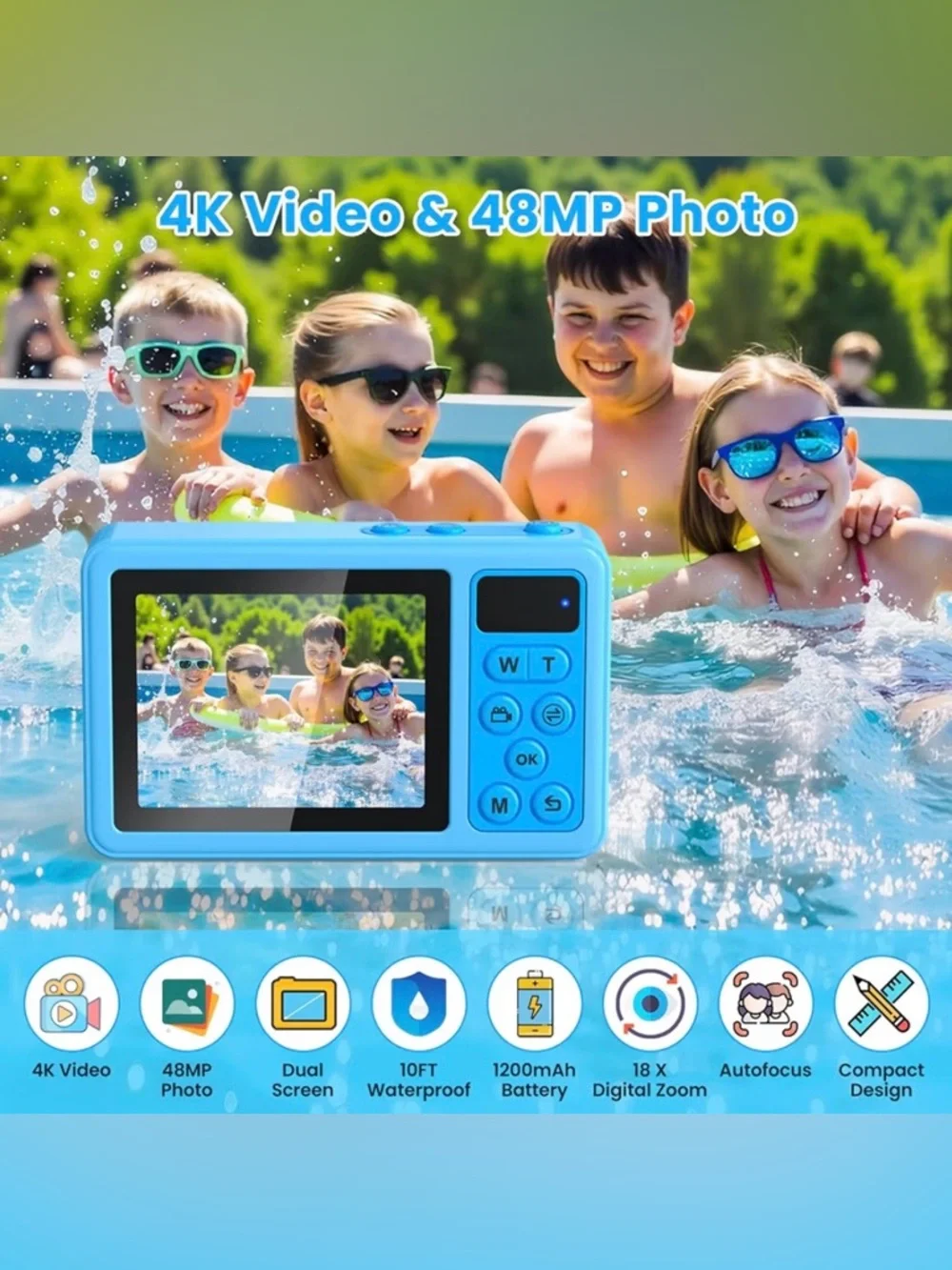 Blue Waterproof Kids Digital Camera - Compact Underwater Photo & Video